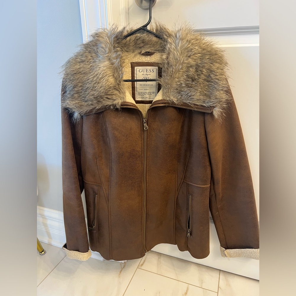 New leather coat with fur collar and sherpa lining